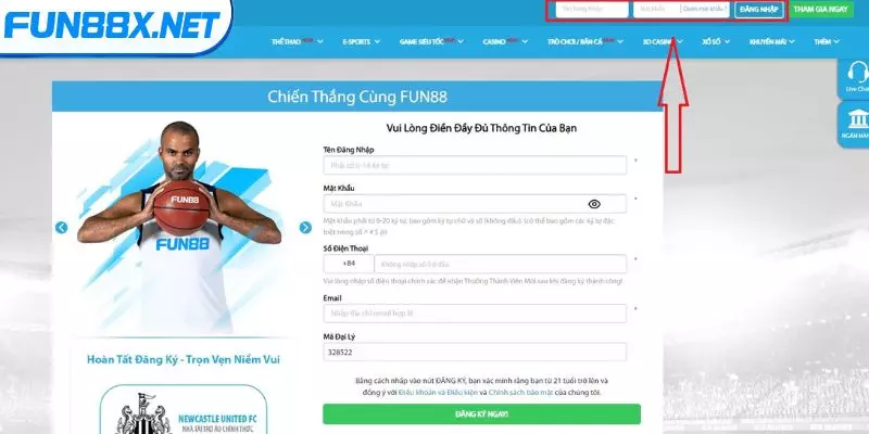 Đăng nhập Fun88 trên website